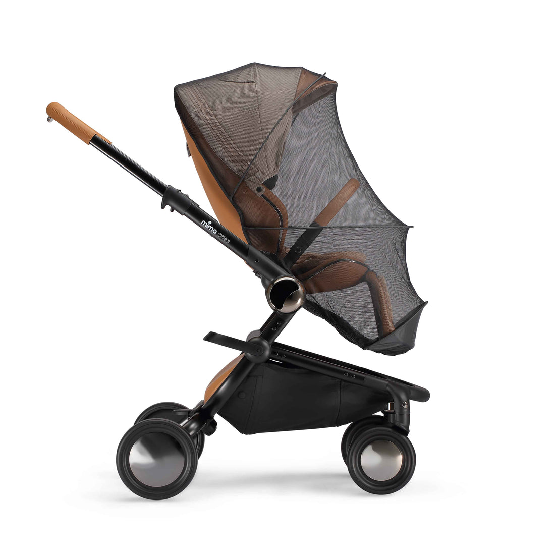 creo mosquito net installed on mima creo stroller, side view