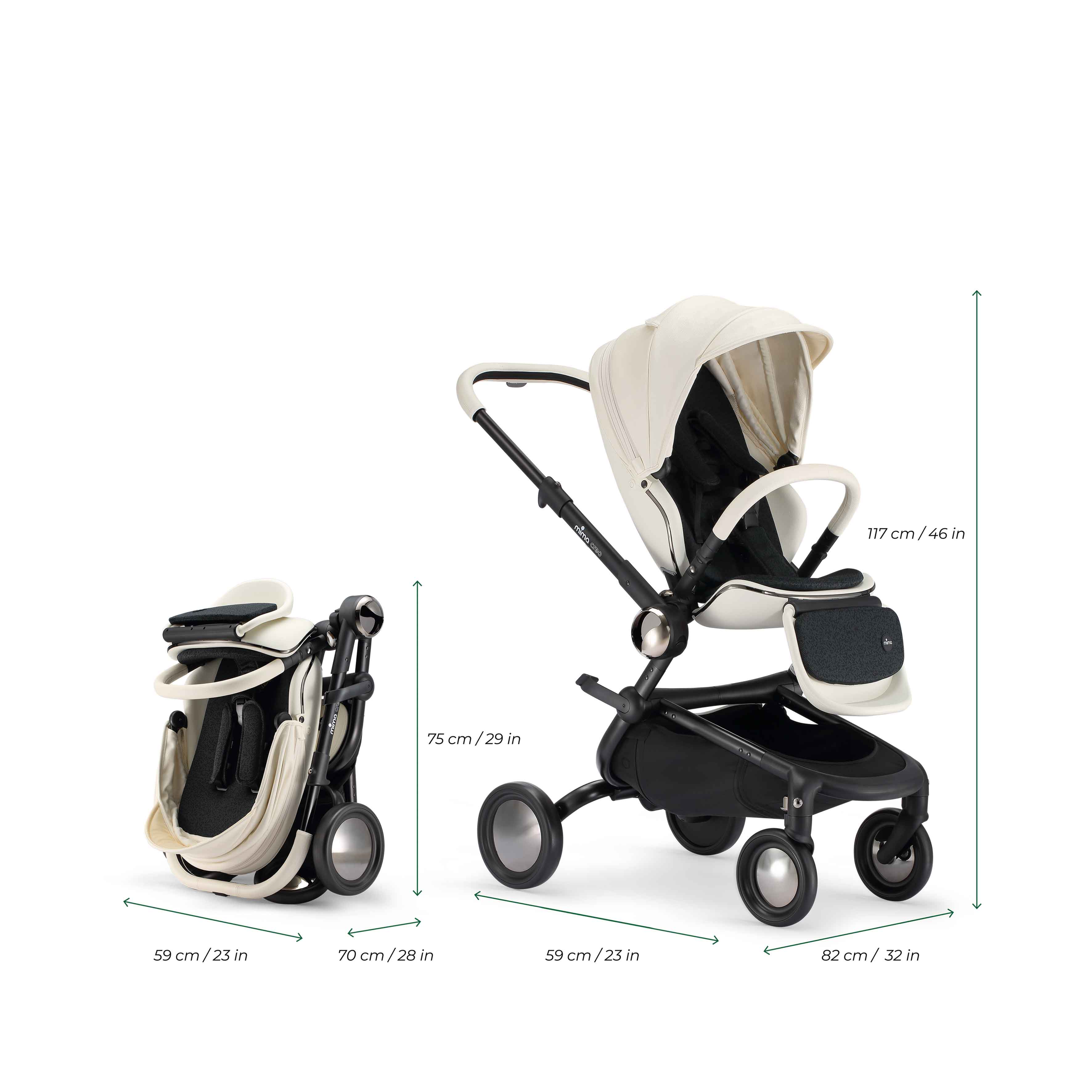 creo compact stroller in white folded and unfolded with dimensions 