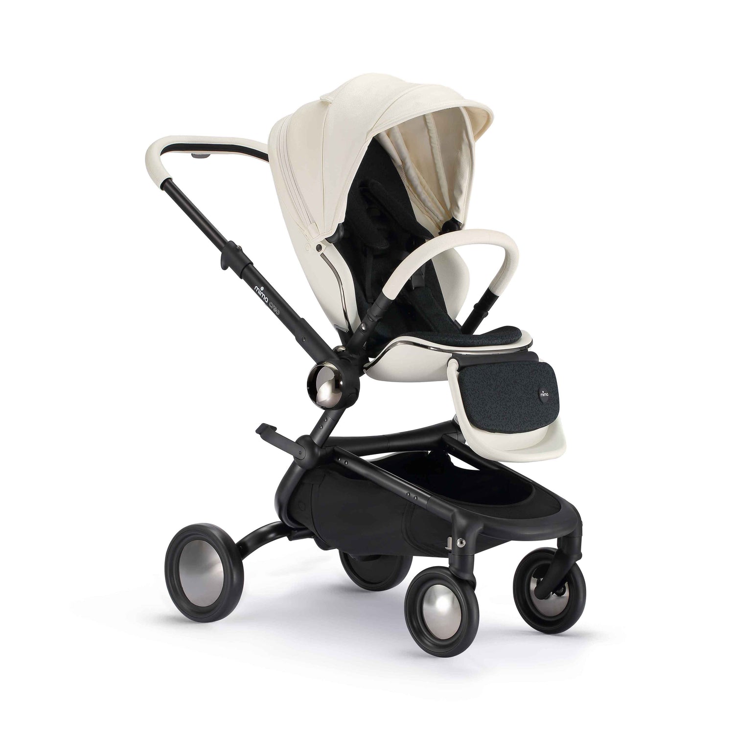 angled view of mima creo stroller in white 