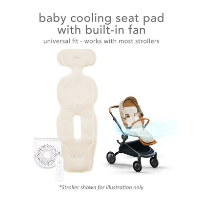 Mima® Flo Donut baby cooling seat pad with built-in fan, showing airflow effect, next to stroller with seat pad installed 