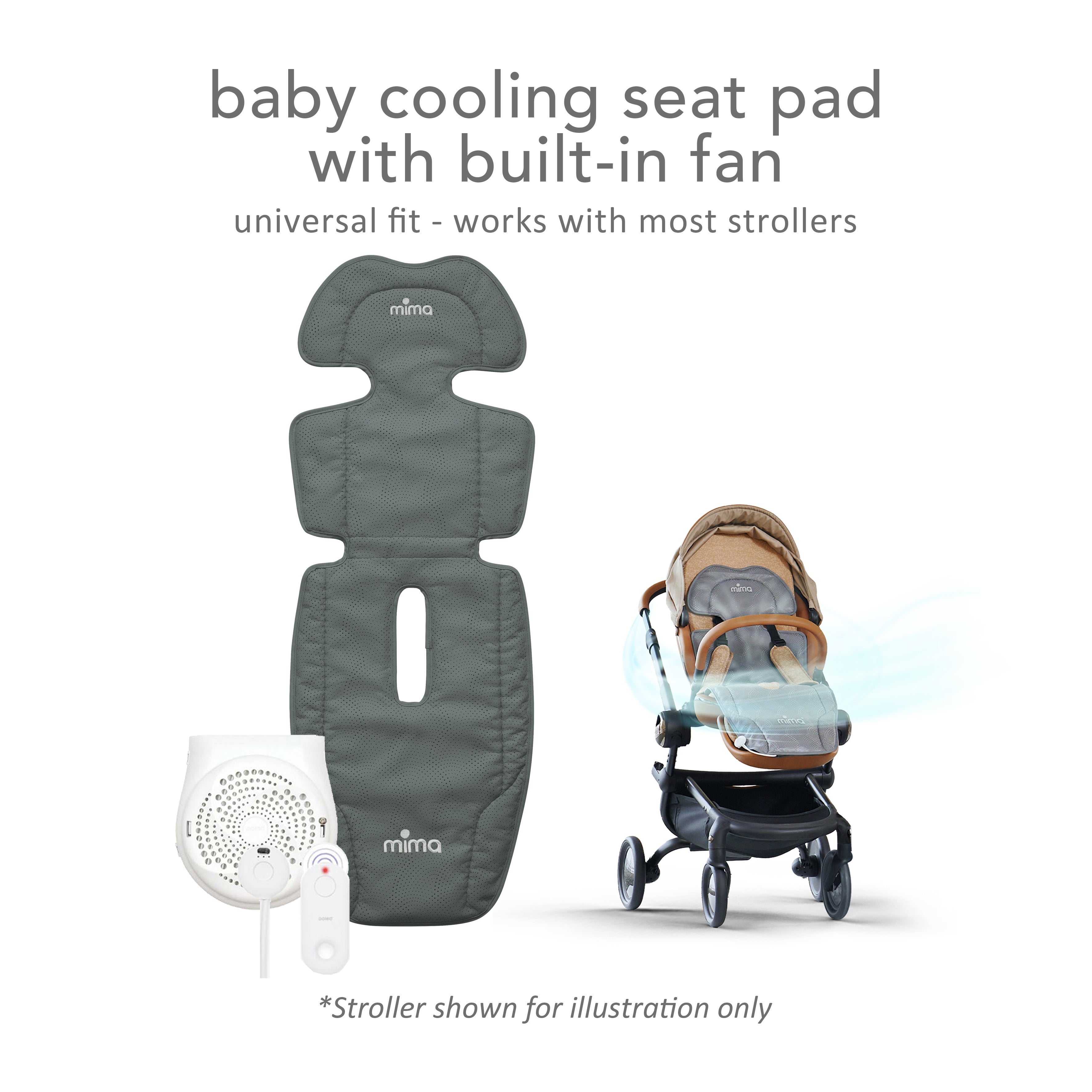 Mima® Flo Oreo baby cooling seat pad with built-in fan, showing airflow effect, next to stroller with seat pad installed 