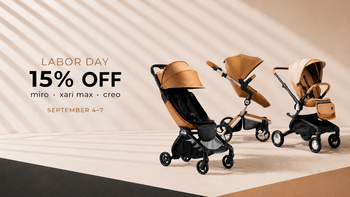 Mima Labor Day sale promotion offering 15 percent off miro, xari max, and creo strollers from September 4 to 7.