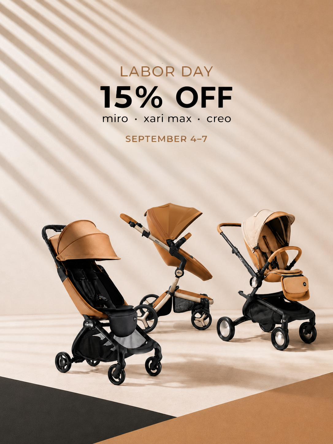 Promotional banner for Mima's Labor Day sale featuring 15 percent off miro, xari max, and creo stroller models.