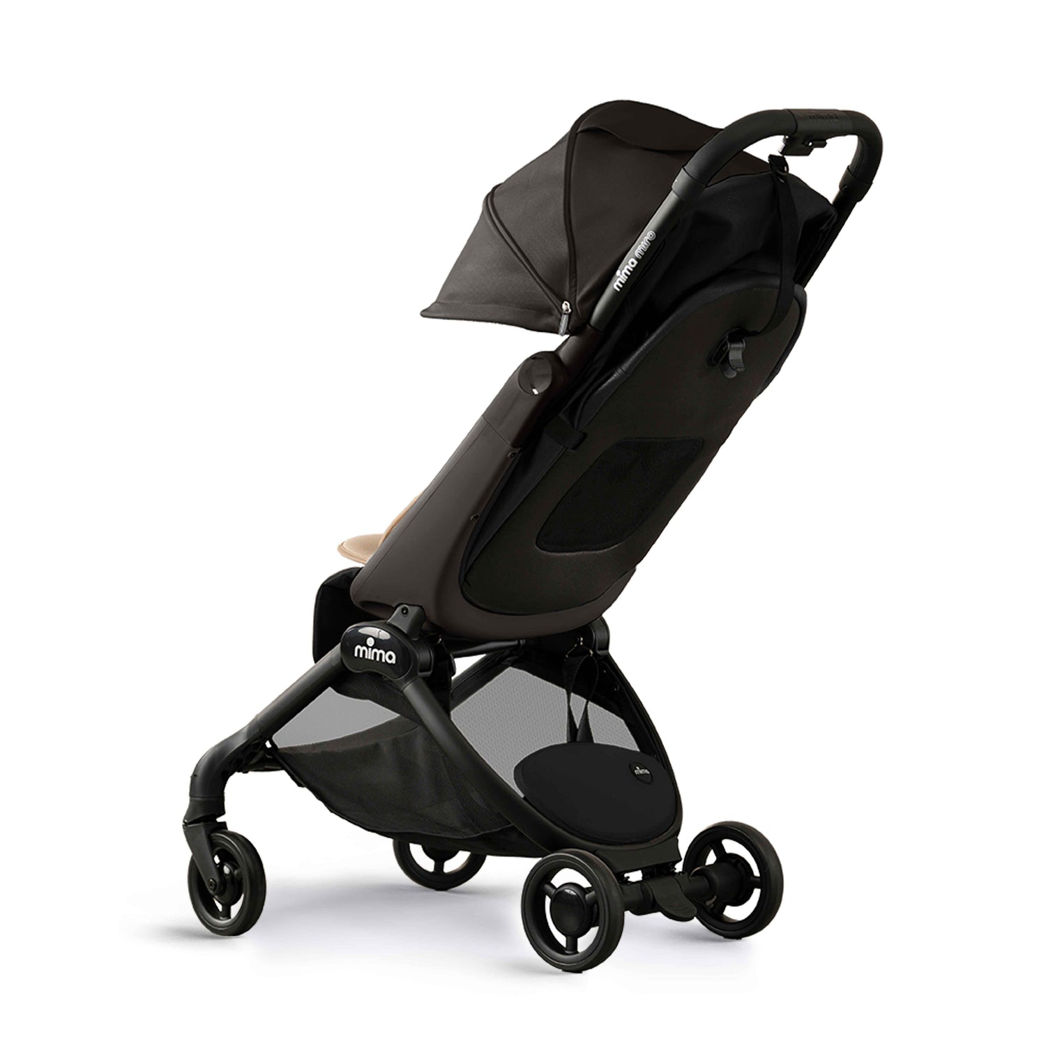 miro compact stroller in black with extended canopy, rear angled view 