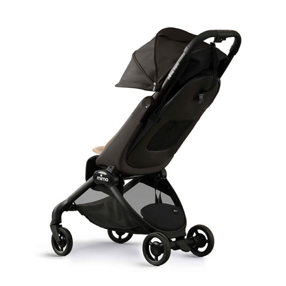 miro compact stroller in black with extended canopy, rear angled view 