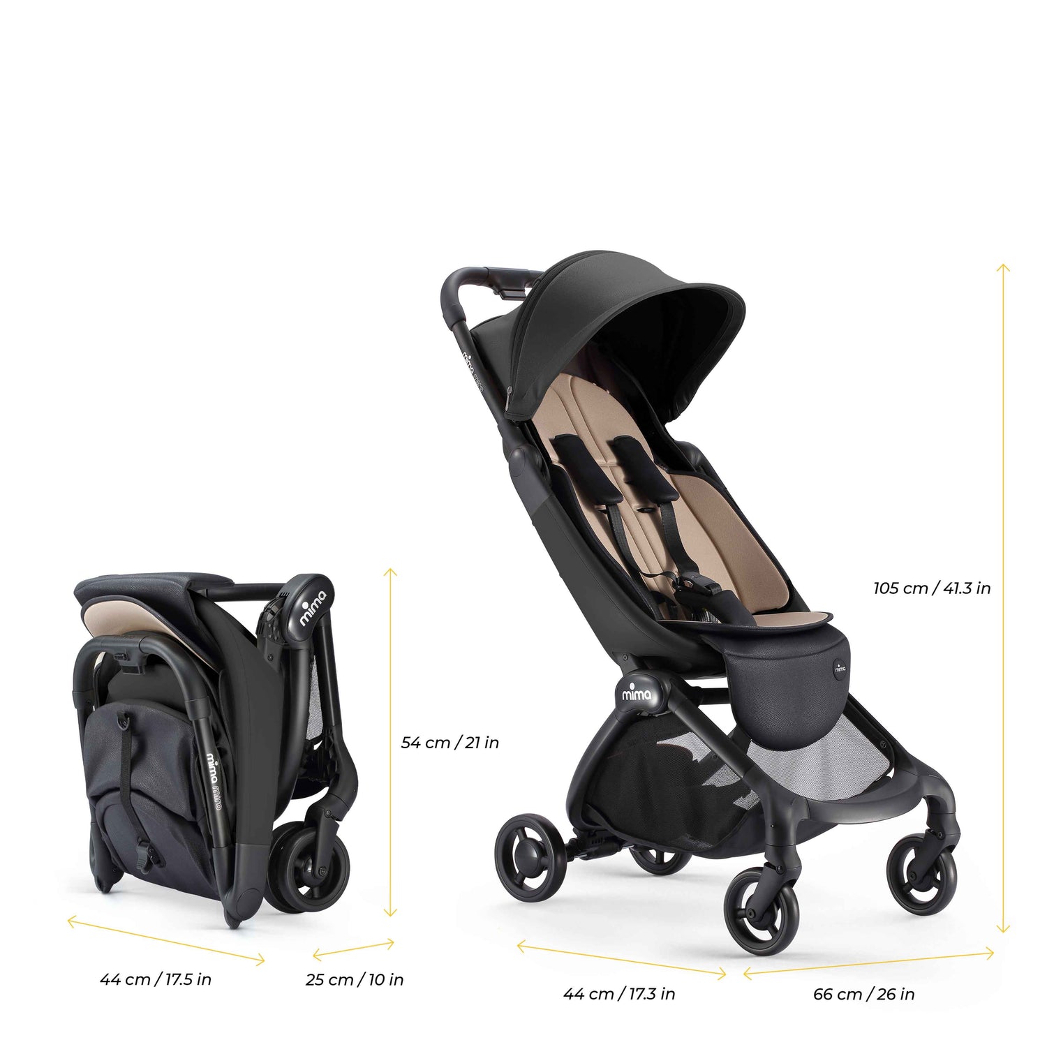 mima miro stroller in black folded and unfolded with dimensions 
