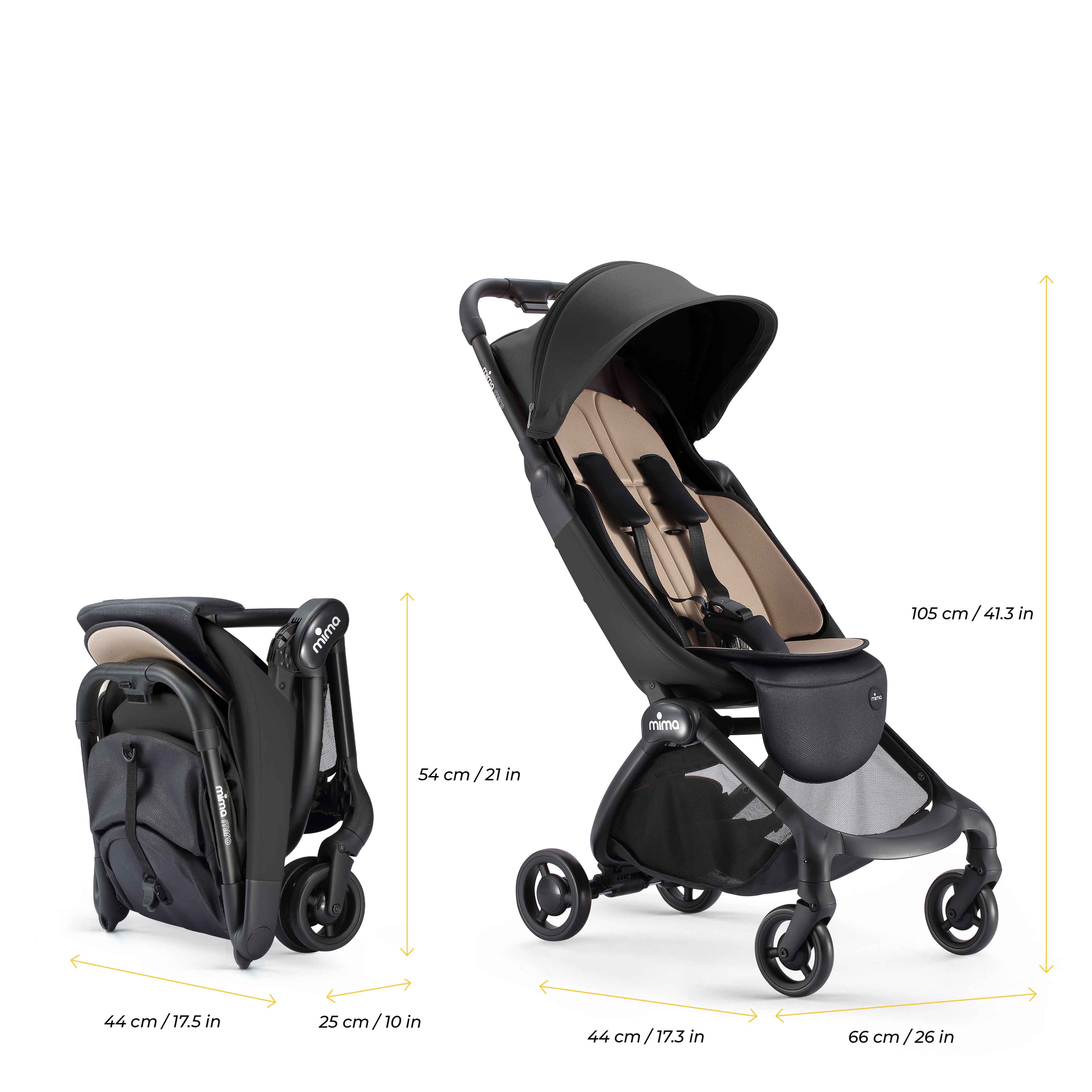 mima miro stroller in black folded and unfolded with dimensions 