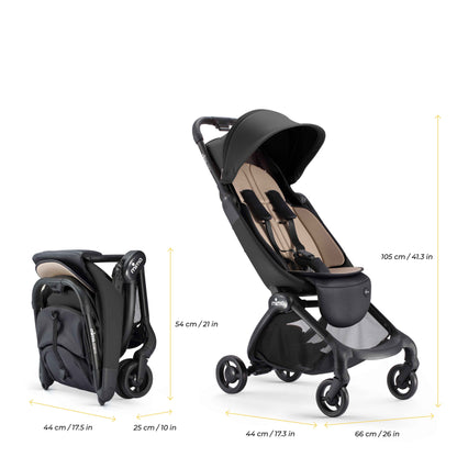 mima miro stroller in black folded and unfolded with dimensions 