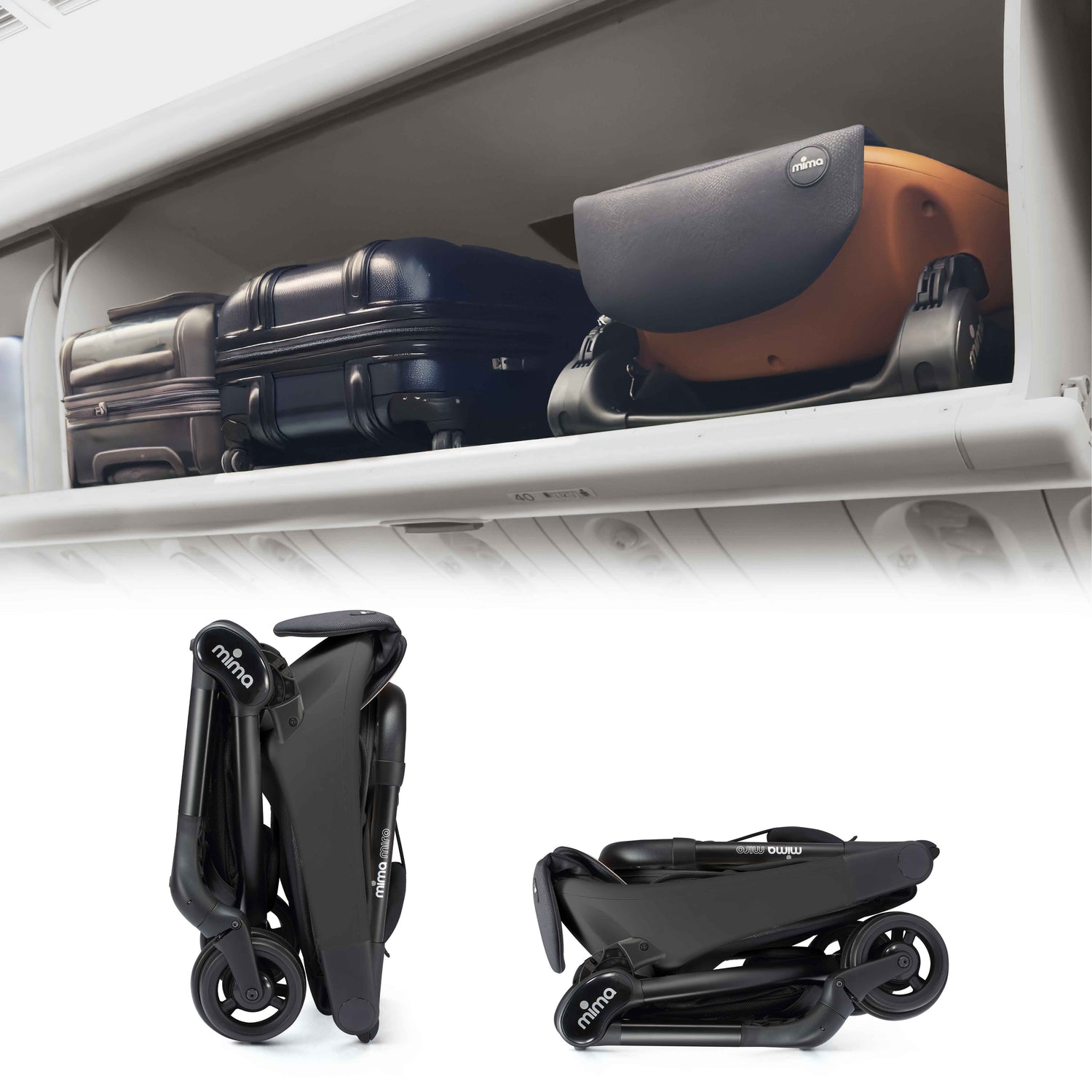 folded mima miro compact travel stroller inside an airplane overhead bin 