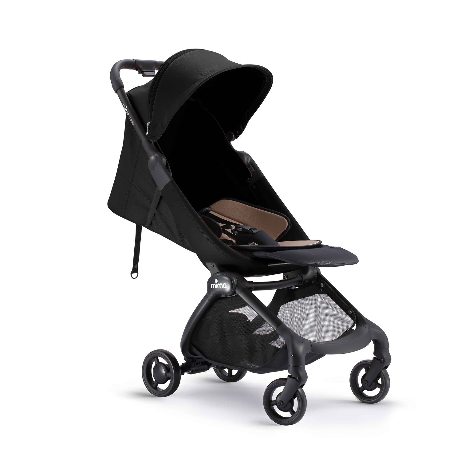 mima miro stroller in black with light reclined seat and shadow, angled view 