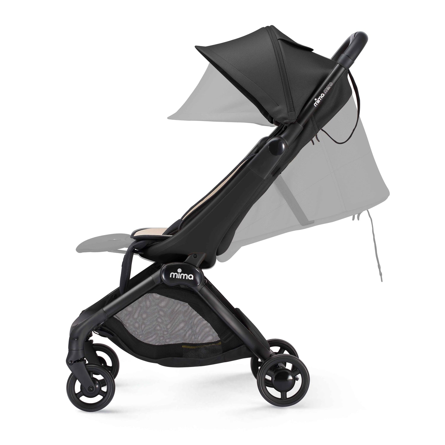 miro compact stroller in black showing upright and reclined positions, side view 