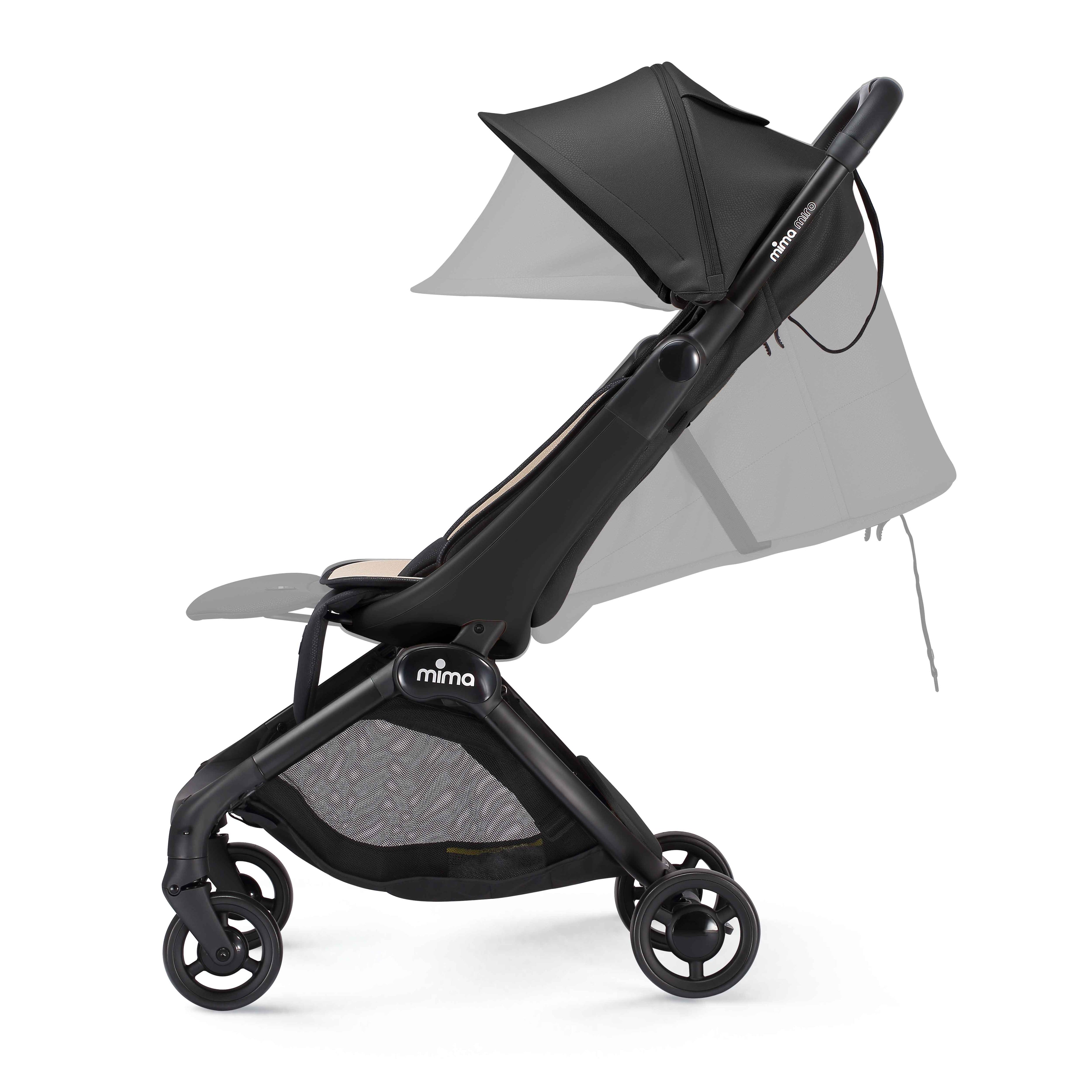 miro compact stroller in black showing upright and reclined positions, side view 