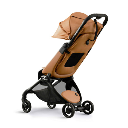 miro compact stroller in mocha cream with extended canopy, rear angled view 
