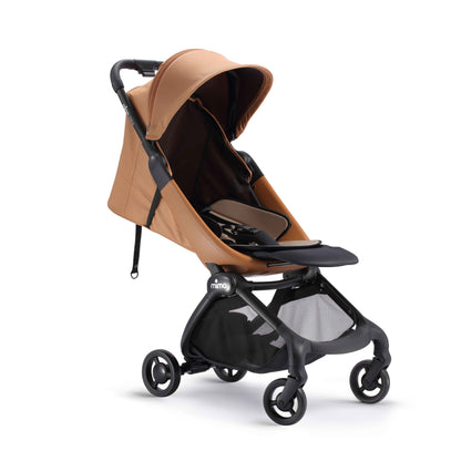 miro compact stroller in mocha cream with light reclined seat and shadow, angled view 