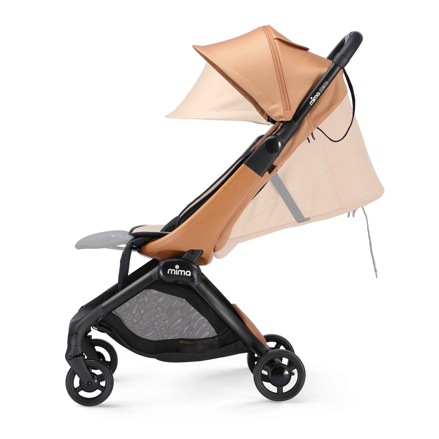 mima miro stroller in mocha cream showing upright and reclined positions, side view 
