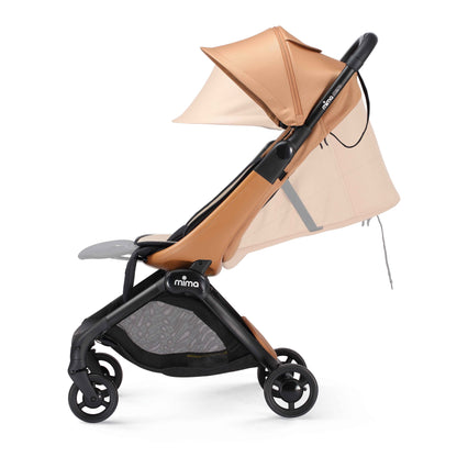 mima miro stroller in mocha cream showing upright and reclined positions, side view 