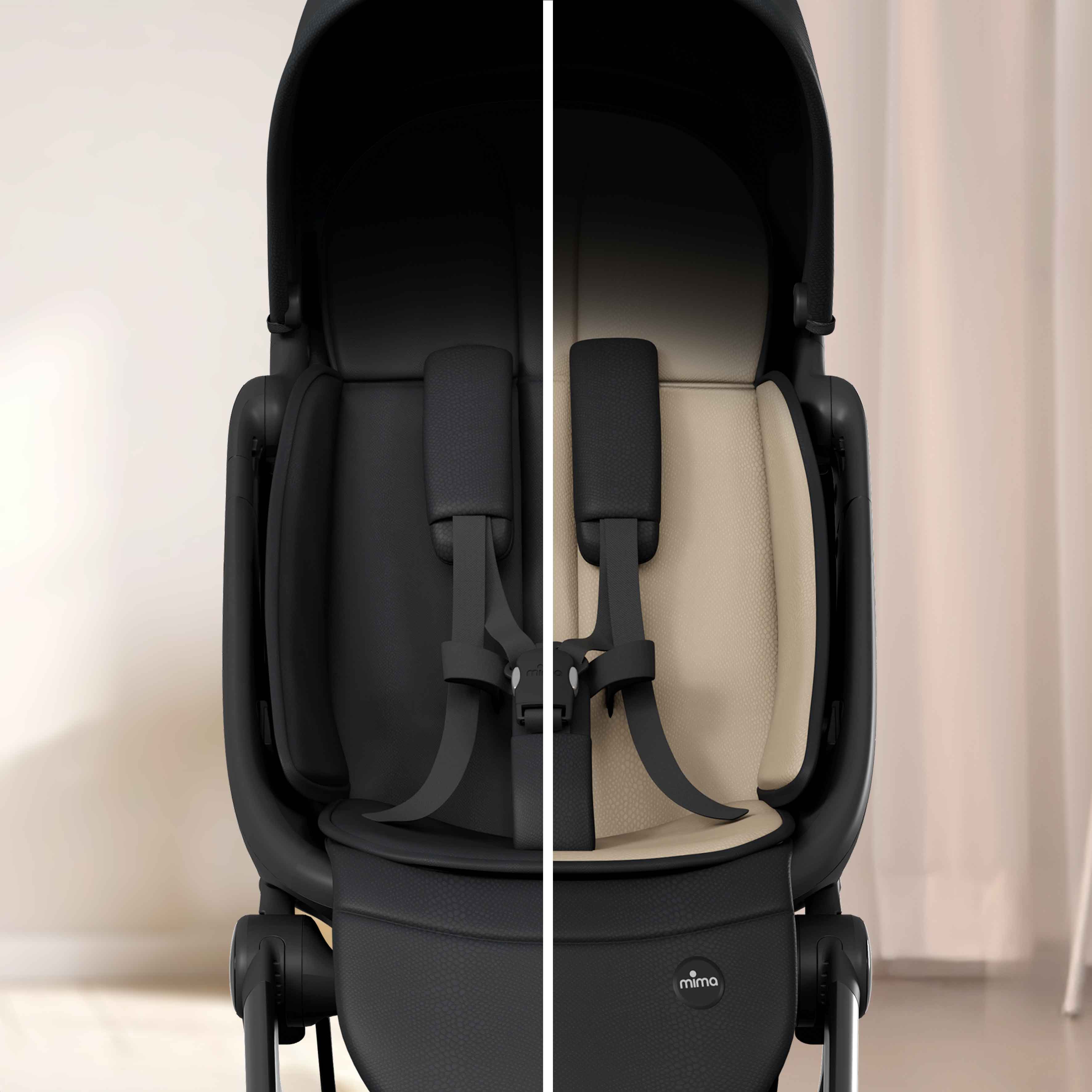 split view showing dark and light reversible seat pad on mima miro stroller 
