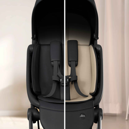 split view showing dark and light reversible seat pad on mima miro stroller 