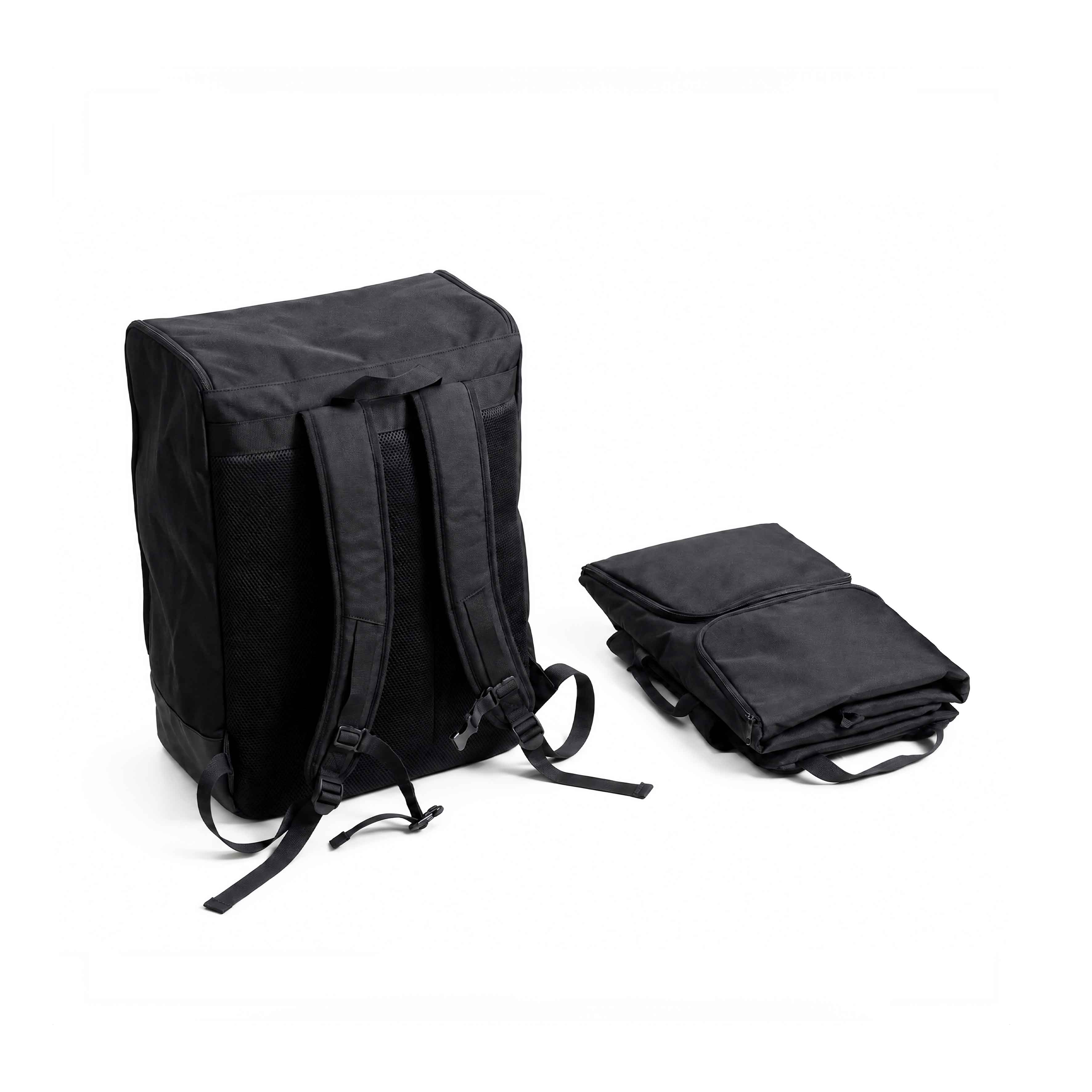 Black mima miro travel bag shown upright with padded backpack straps next to its folded flat state.