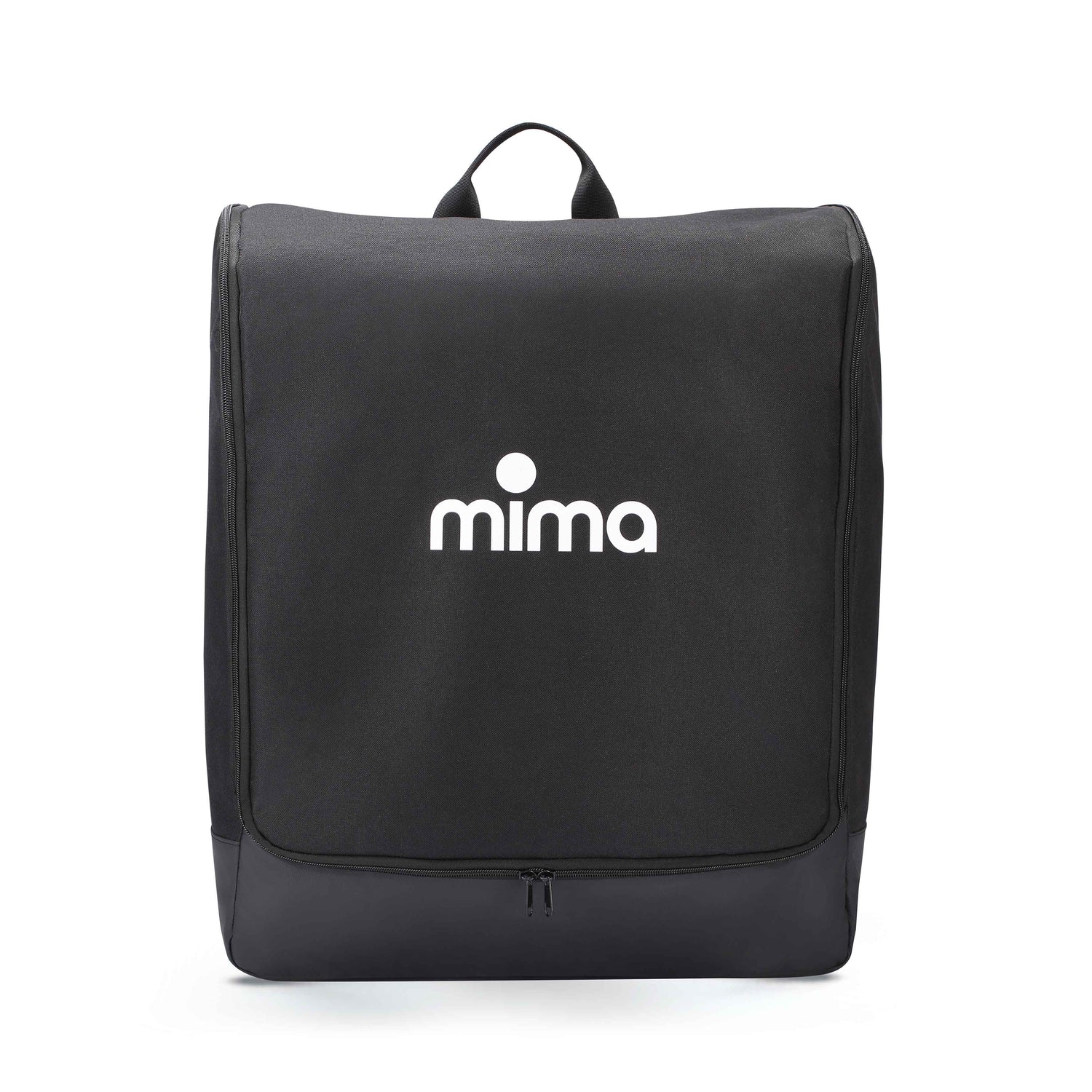 Front view of the closed black mima miro travel bag standing upright with a top handle and zipped base.