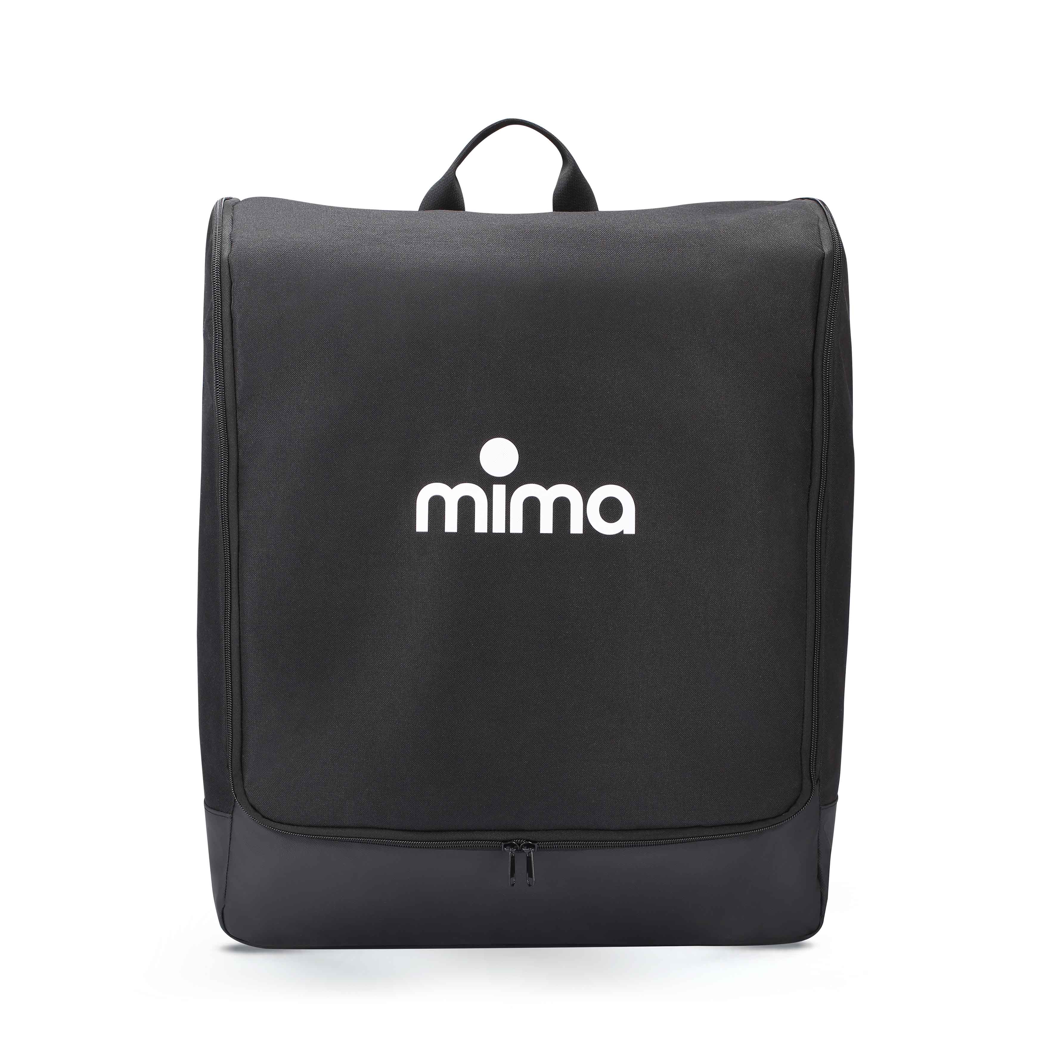 Front view of the closed black mima miro travel bag standing upright with a top handle and zipped base.