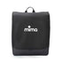Front view of the closed black mima miro travel bag standing upright with a top handle and zipped base.