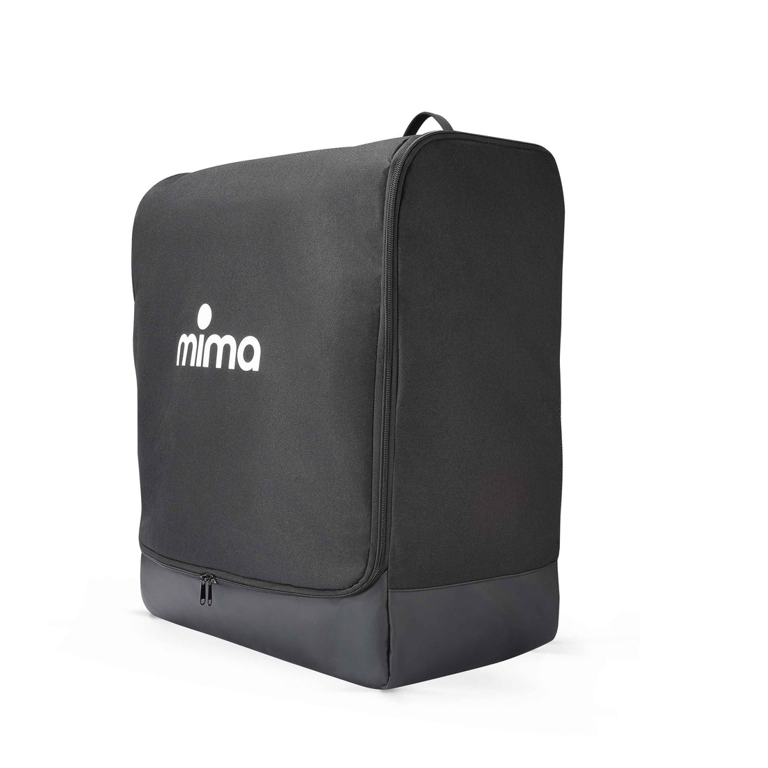 Three-quarter perspective view of the closed black mima miro travel bag.