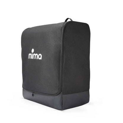 Three-quarter perspective view of the closed black mima miro travel bag.