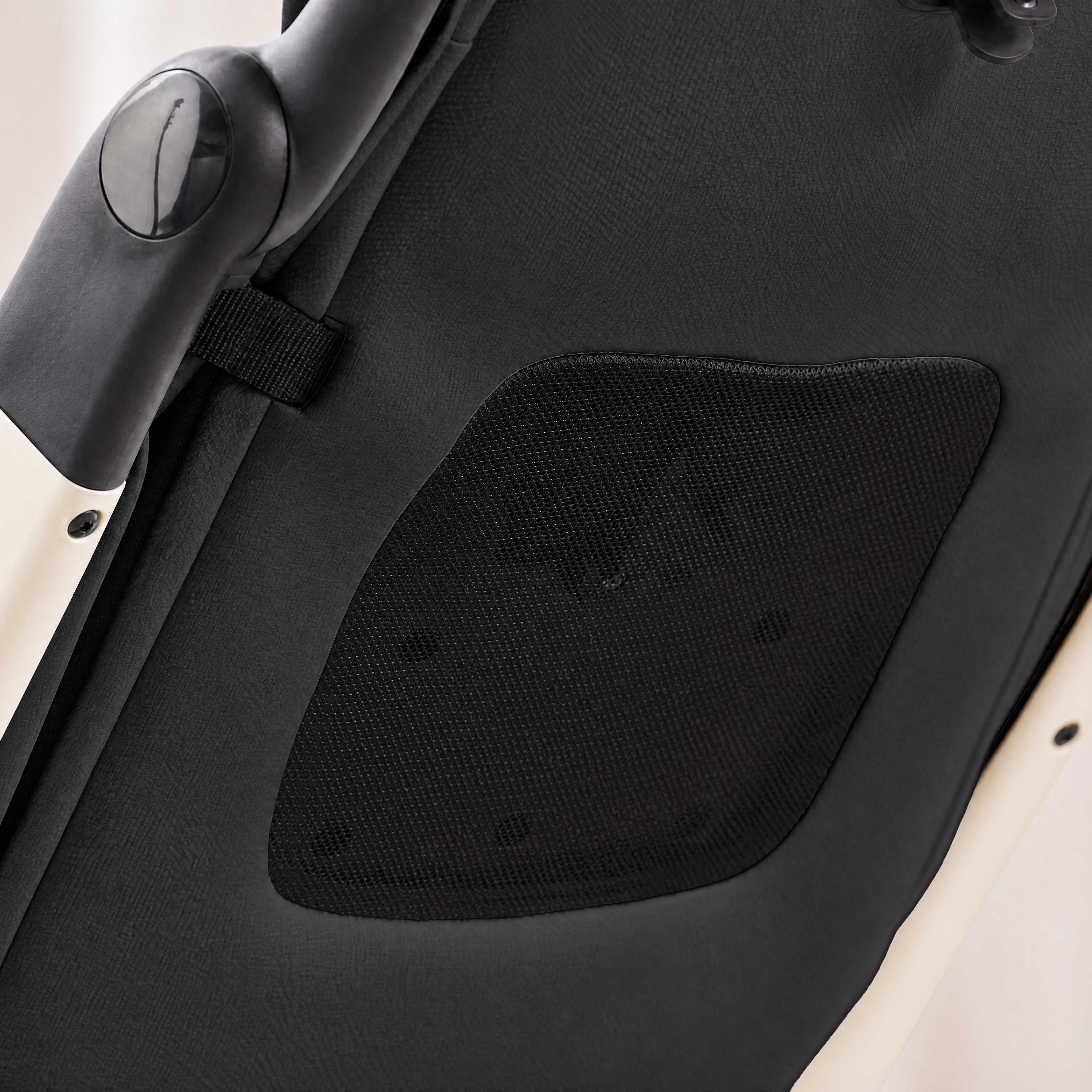 close up of backrest mesh ventilation on miro compact stroller in white 