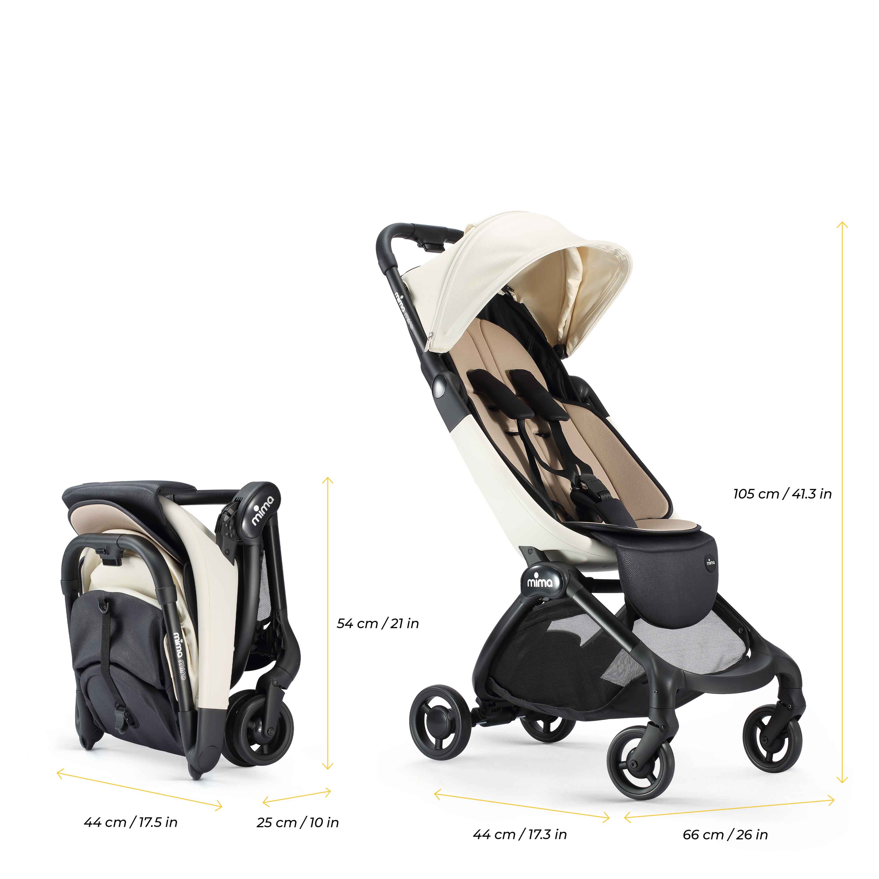 miro compact stroller in white folded and unfolded with dimensions 