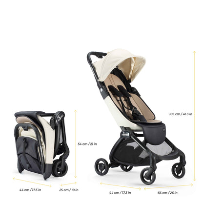 miro compact stroller in white folded and unfolded with dimensions 