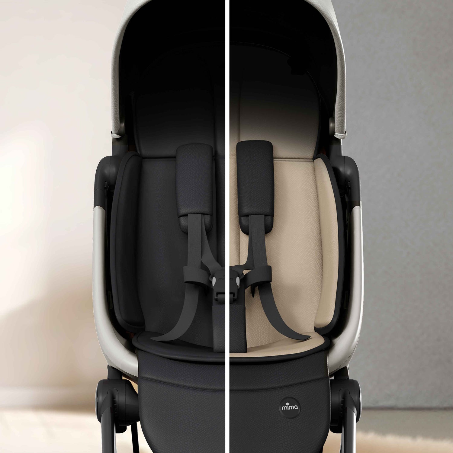 split view showing dark and light reversible seat pad on mima miro stroller in white 