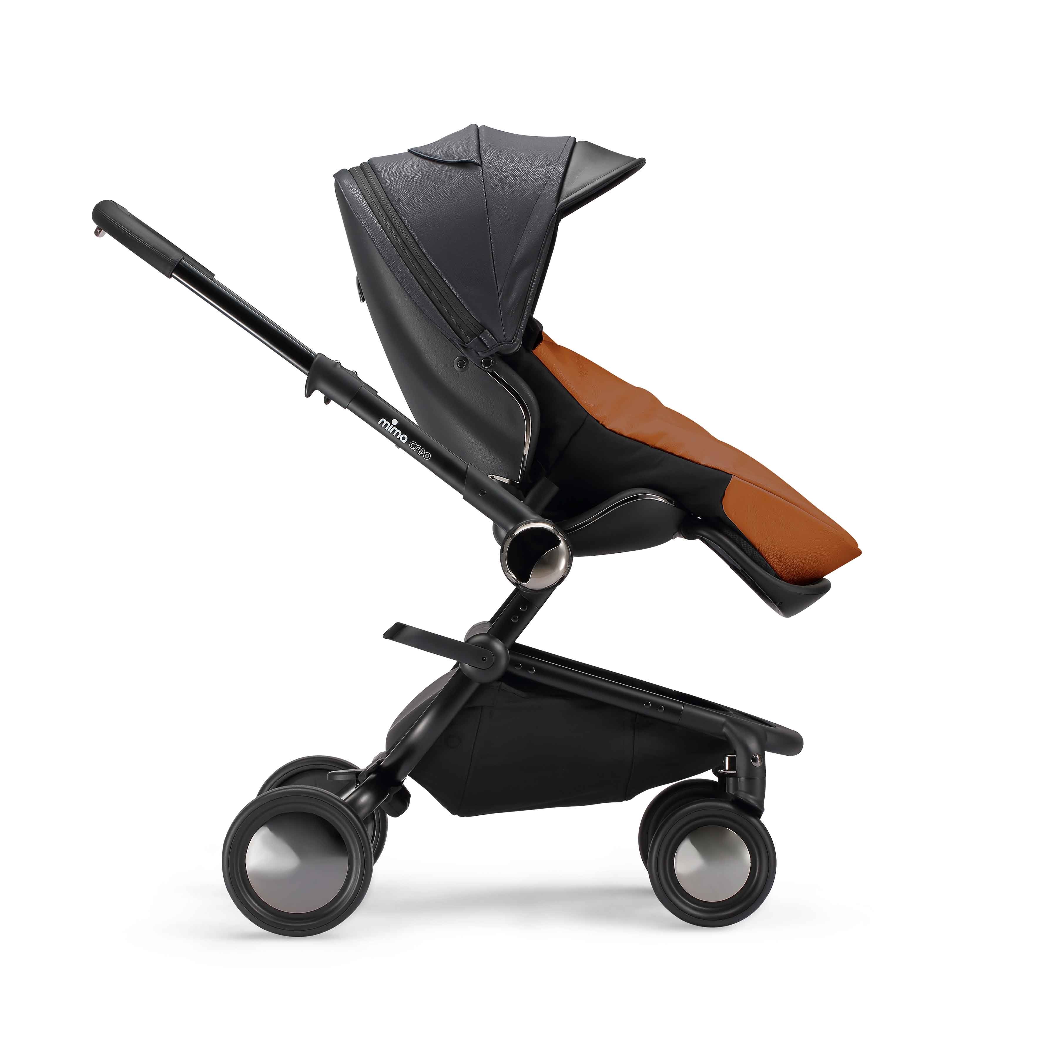 mima creo stroller with winter footmuff in camel, side view