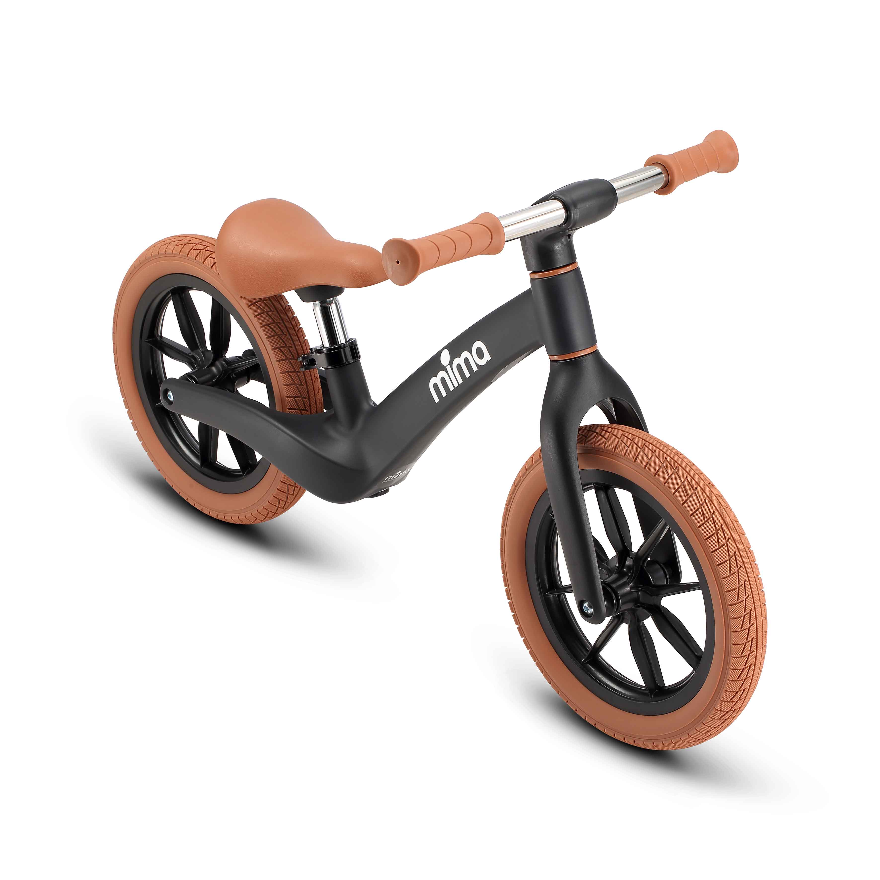 side view of mima zoom lite balance bike in black with high seat 
