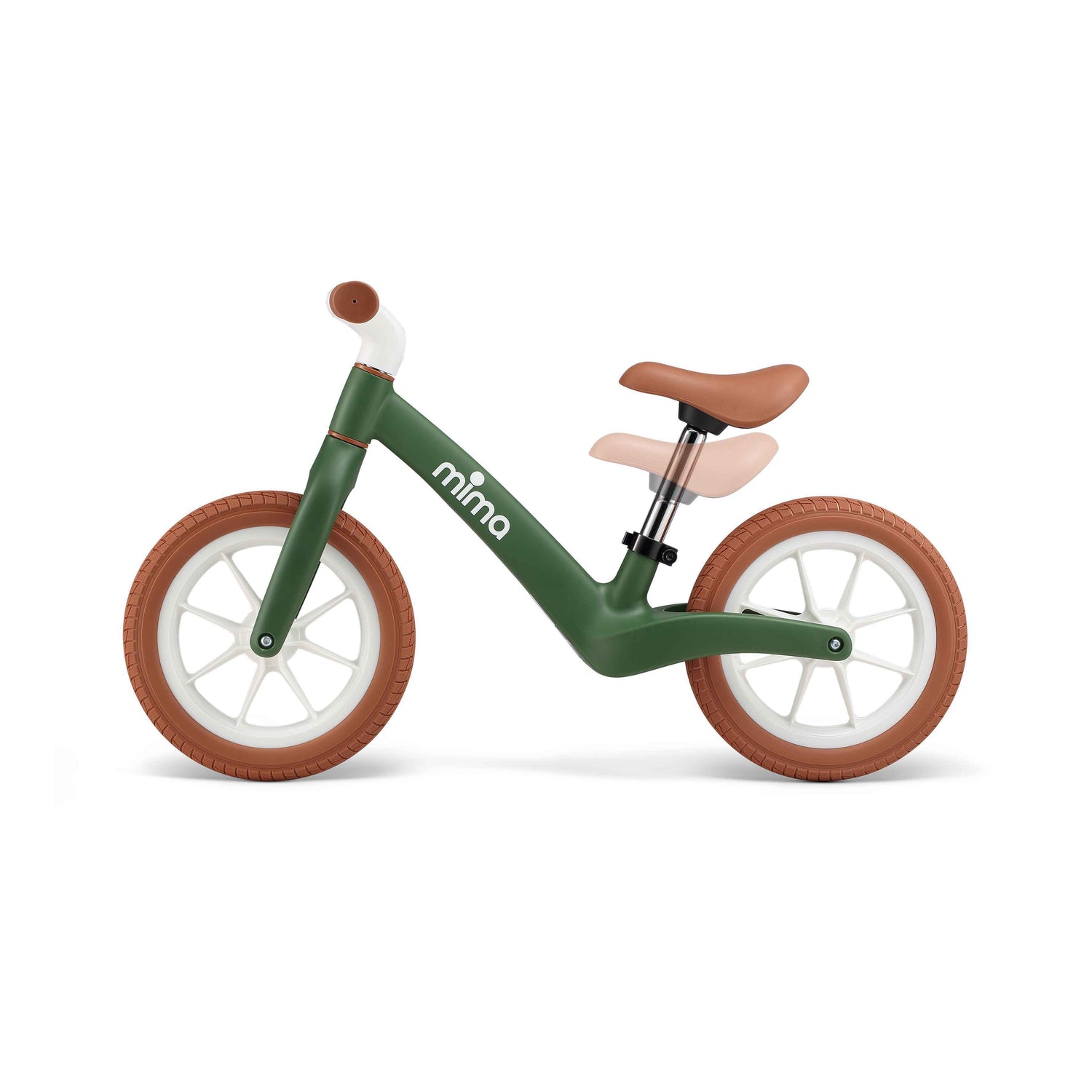 side view of mima zoom lite balance bike in green showing adjustable seat height with faded overlay 