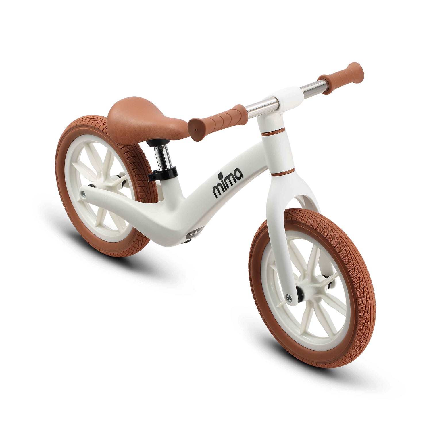 side view of mima zoom lite balance bike in white with high seat 