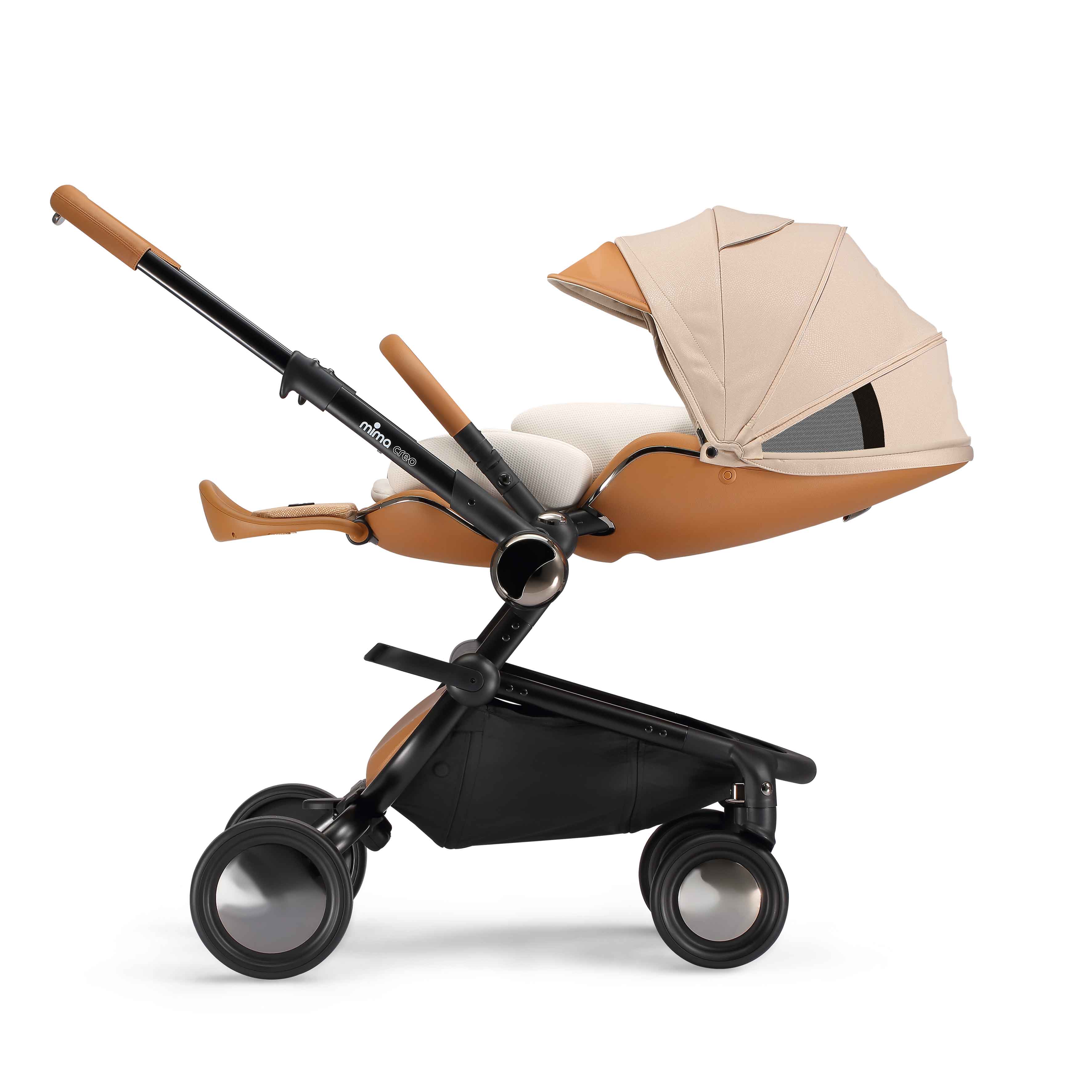 mima creo newborn snuggle installed on mima creo stroller, side view