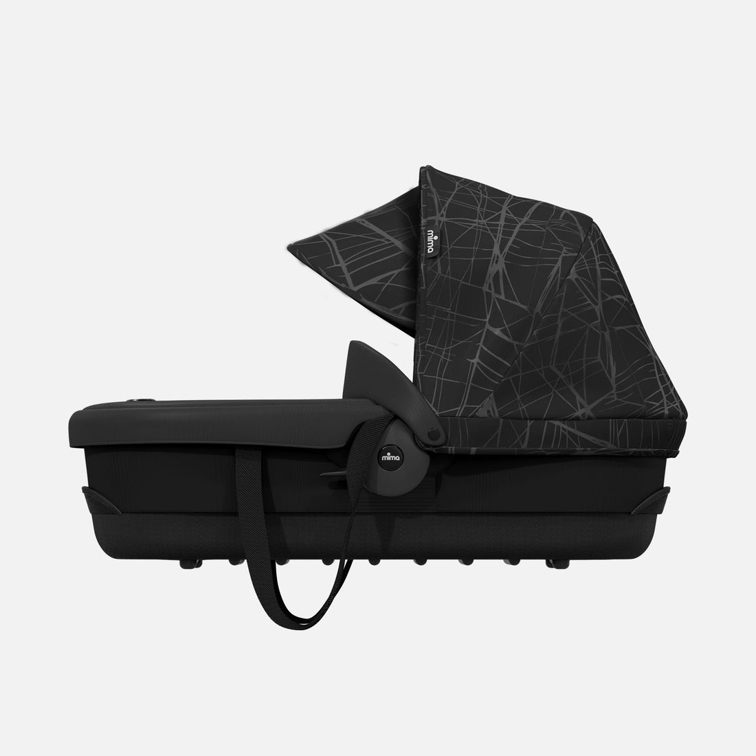 ebony Mima Zigi bassinet side view with canopy extended for added  coverage 