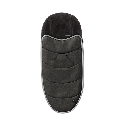Charcoal Mima Zigi black footmuff front view, waterproof with wool lining for warmth 
