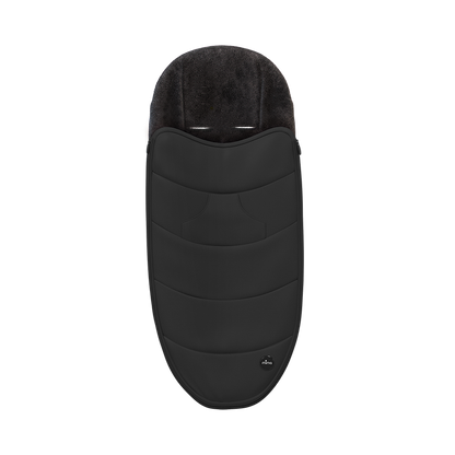 Black Mima Zigi black footmuff front view, waterproof with wool lining for warmth 