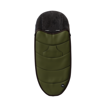 olive green Mima Zigi black footmuff front view, waterproof with wool lining for warmth 