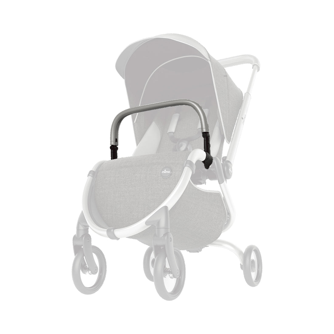 Mima Zigi safety bar on stroller, right front view, with zip-on sleeve for attachment 