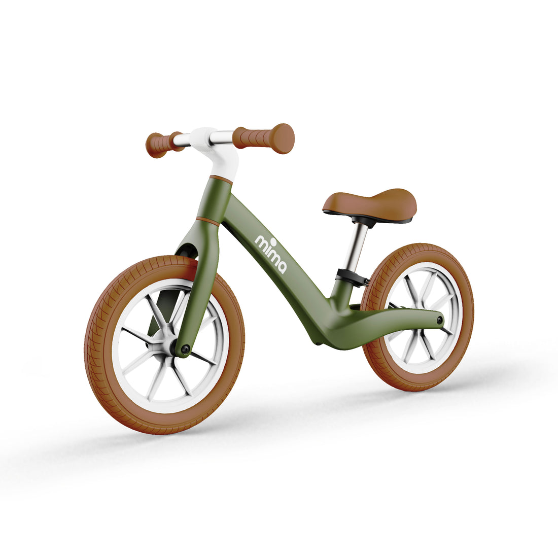 Green Mima Zoom Lite balance bike, isolated on white background